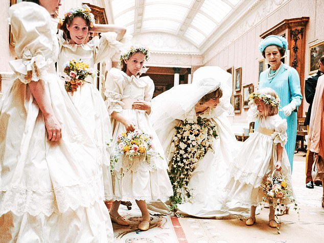 India was a bridesmaid at the wedding of Prince Charles and Lady Diana Spencer. She is pictured second from the left at the wedding with the Queen and Diana.