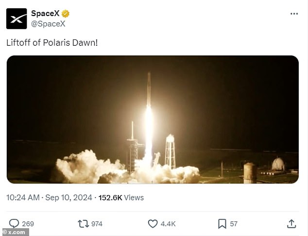 SpaceX confirmed the successful launch on X (Twitter) with a stunning photo and the caption: 'Polaris Dawn liftoff!'