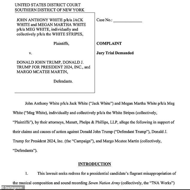 On Monday, Jack posted the first page of the lawsuit on his Instagram and captioned it: 'This machine is suing fascists.'