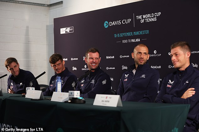 If Draper is unavailable for the opening game against Finland, he will likely play later in the week (from left: Henry Patten, Billy Harris, Smith, Dan Evans and Neal Skupski)