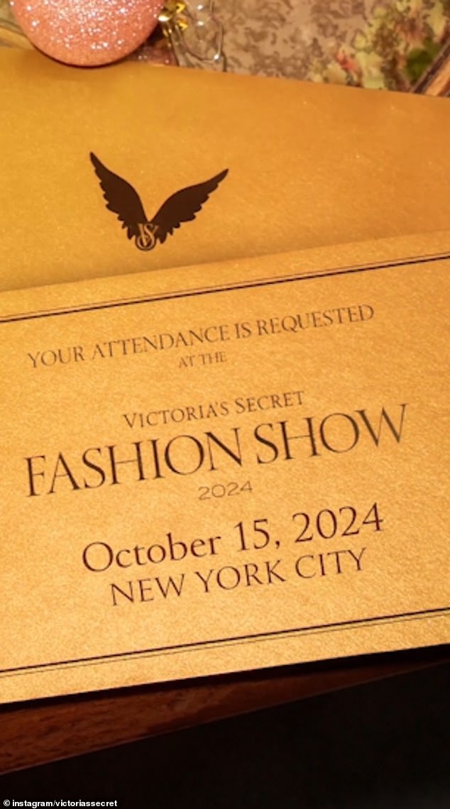 The envelope reads: 'Your attendance requested: Victoria's Secret Fashion Show 2024. October 15, 2024: New York City'