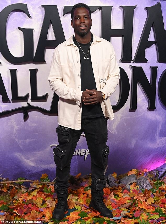 Love Island's Marcel Somerville, 38, a former member of the Blazin' Squad, offset his black outfit with a chunky off-white jacket.