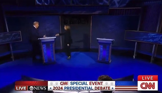 The vice president chased former President Trump across the debate stage to force him to shake her hand before the two began.