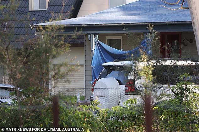 A blue tarp hangs in front of the house where the children were found.