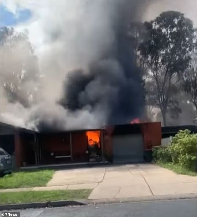 Dozens of firefighters battled the massive blaze (pictured) that engulfed the house as thick plumes of smoke rose from the property.