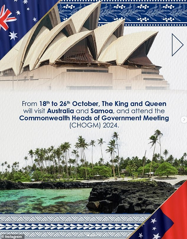 The official announcement of the tour on the royal family's Instagram account says that after touring Australia, the King and Queen will visit Samoa for the CHOGM meeting.