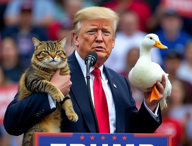 Another AI-generated image shows Trump holding a cat and a duck at a campaign rally.