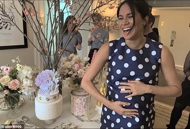 In one photo, Meghan, dressed in a navy polka dot dress, can be seen laughing with her friends.