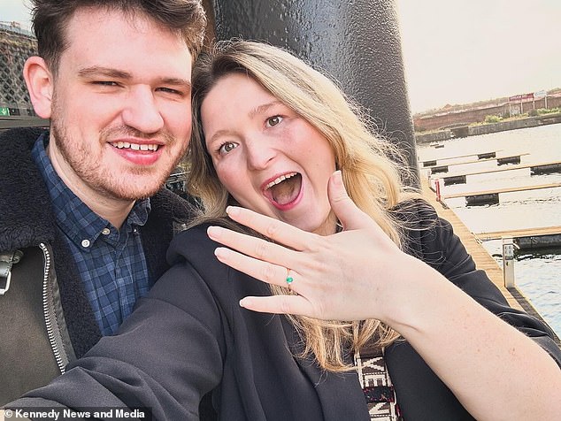 It was only after visiting her GP, who referred her to hospital thinking it was appendicitis, that tests showed she had two ovarian tumours measuring 12cm and 8cm - about the size of grapefruits. Pictured: Alex with her fiancé James Ingleby-Jones