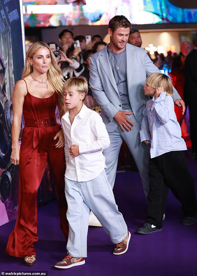 Chris and Elsa were doting parents at the premiere.