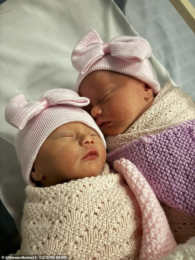 Pictured: Saffron and Lewey's non-identical twin daughters, now four months old.