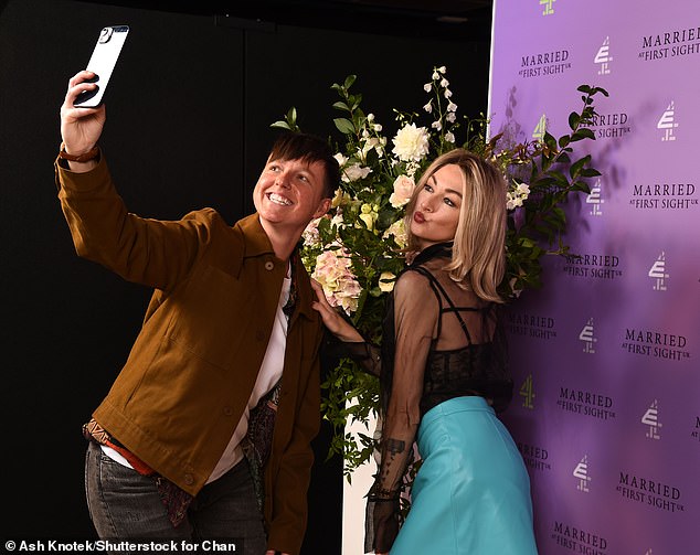 Same-sex couple Zoe Clifton and Jenna Robinson, who are engaged, took selfies at the launch party after meeting on the show in 2022.