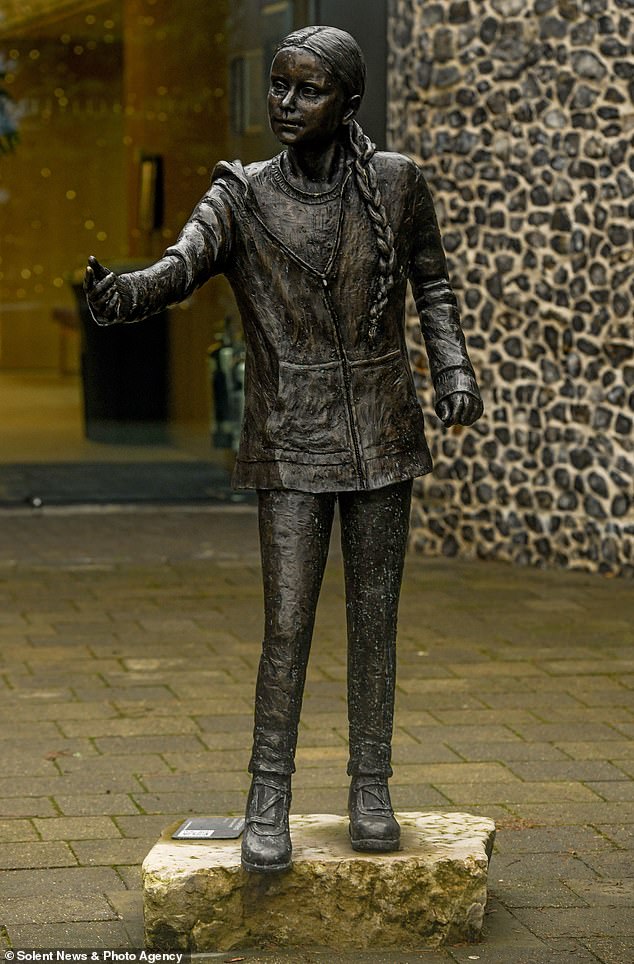 The University of Winchester has moved a life-size statue of Greta Thunberg from its main entrance to a secluded spot after furious students criticised the £24,000 expenditure as a waste of money (the statue pictured before it was moved)