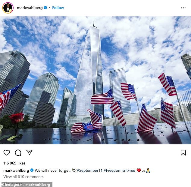 Mark Wahlberg shared a picture of the 9/11 memorial and wrote: 