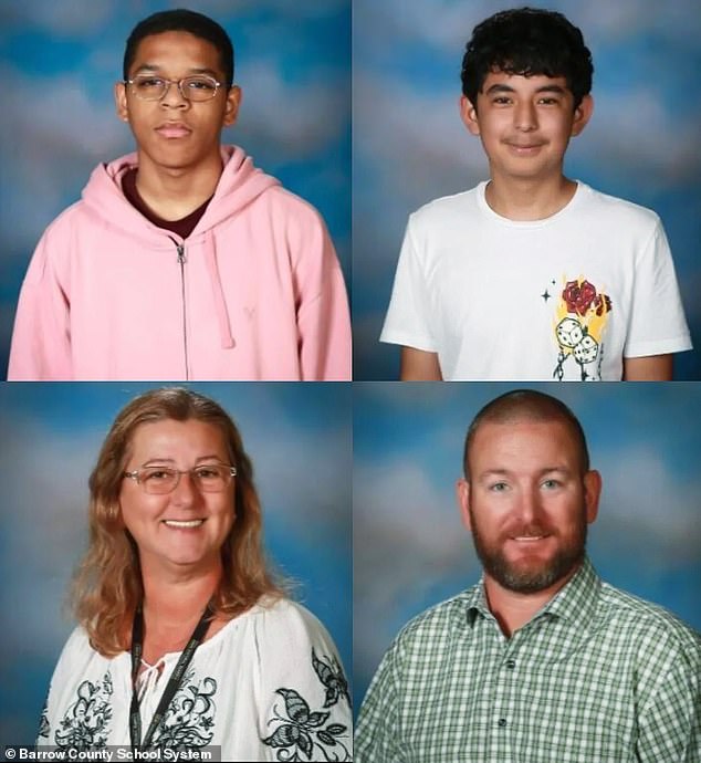 Students Mason Schermerhorn, 14 (top left), Christian Angulo, 14 (top right), and teachers Richard Aspinwall (bottom right) and Christina Irimie (bottom left) were killed in the shooting.