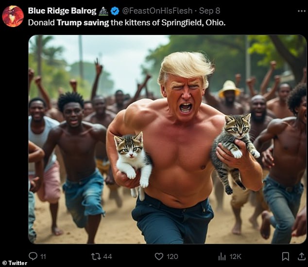 In some of the AI-created posts, Trump is shirtless and appears to be running away from people portrayed as 