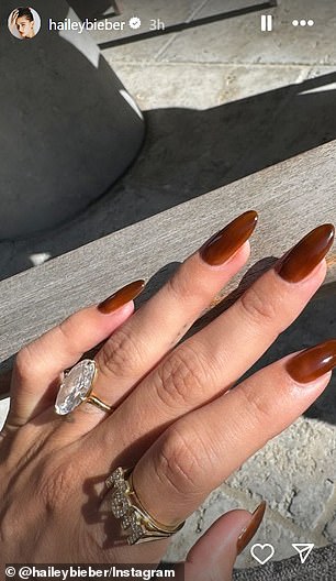 Days later, Hailey shared a photo of her newly manicured hand while sporting a ring 