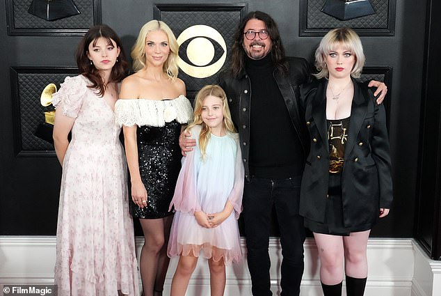 The Grohls last year, before Dave's shocking confession. From left, Harper, Jordyn, Dave, Ophelia and Violet at the Grammys in Los Angeles, California.