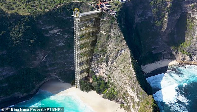 However, the unspoiled beauty of Kelingking Beach is about to change with the development of a 182-metre glass elevator and viewing platform being built into the sheer cliff face (pictured: artist's rendering).