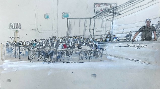 Dominique Pelicot can be seen in this court sketch on the right.