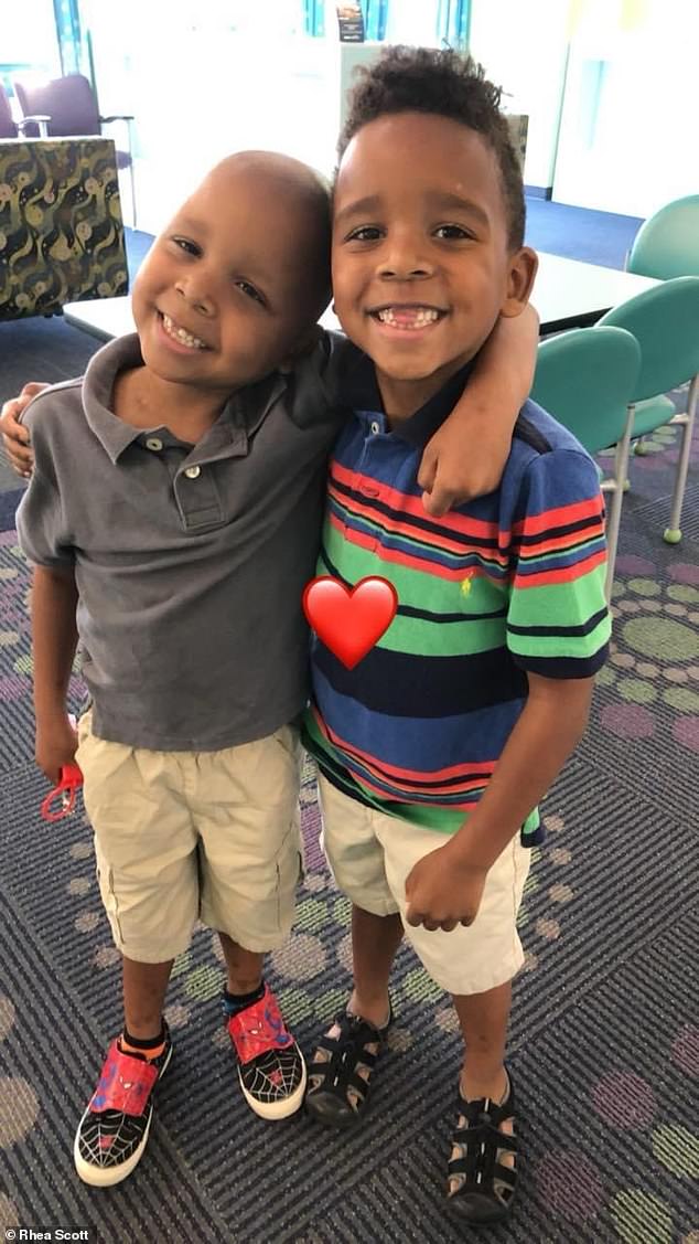 Pictured here are Alec (left) and Aden (right) during Alec's treatment for acute lymphoblastic leukemia.