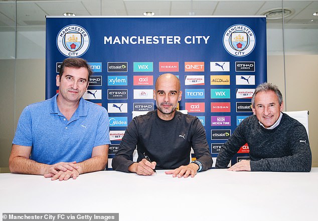 There are concerns that Pep Guardiola could leave City after this season along with director of football Txiki Begiristain (right) and chief executive Ferran Soriano (left).