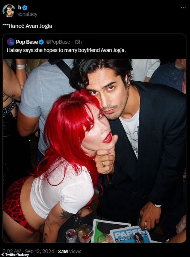 After seeing a social media post that referred to Jogia as her boyfriend, the Without Me singer corrected the statement by replying: '***fiancé Avan Jogia'