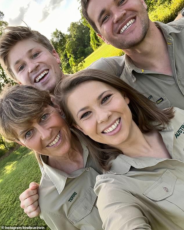 Terri Irwin will accompany Robert on his return to South Africa, as she did last year. Pictured here with Bindi Irwin and her husband Chandler Powell at Australia Zoo