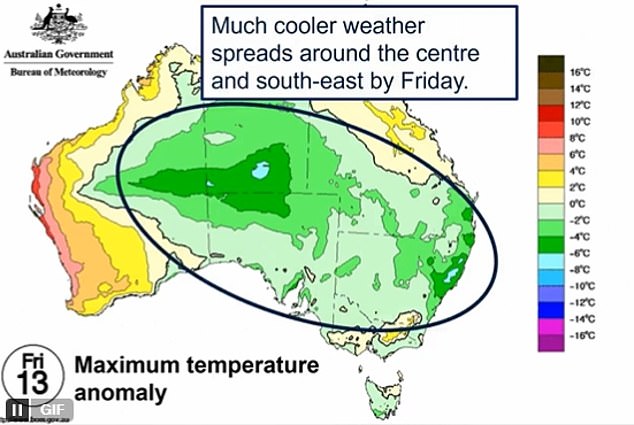 The sudden cold snap will be felt mainly in central and southeastern Australia on Friday.