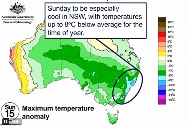 Coastal areas of southern New South Wales could see temperatures up to eight degrees cooler than average on Sunday