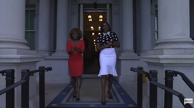 White House Press Secretary Karine Jean-Pierre (left) and Real Housewives of Potomac cast member Wendy Osefo (right) walk outside the Eisenhower Executive Office Building in a clip that is part of the new Real Housewives trailer