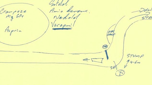 A hand-drawn map by Lynn detailing where she burned the remains of Mr. Hill and Mrs. Clay