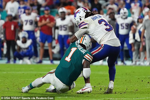 Tagovailoa took a hit late in the third quarter from Hamlin, who suffered cardiac arrest on the field in January 2023.