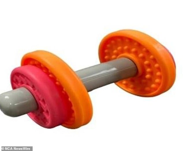 Product Safety Australia has recalled the Fisher-Price Baby Biceps Gift Set, specifically due to a case of choking on the dumbbell toy (pictured).