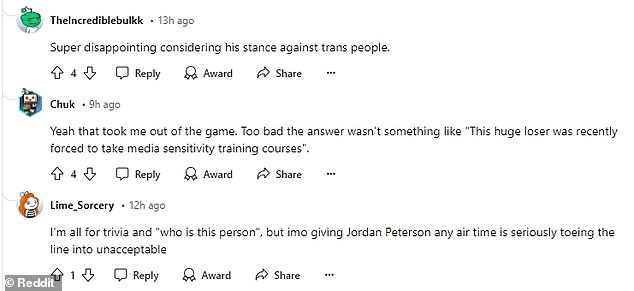 Fans made it clear that they felt it was inappropriate for Peterson to be mentioned on the show due to his provocative comments online.