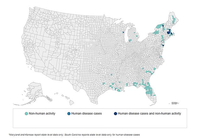 The map above shows counties where EEE has been detected between 2003 and 2023. Dark blue areas represent locations with human cases.