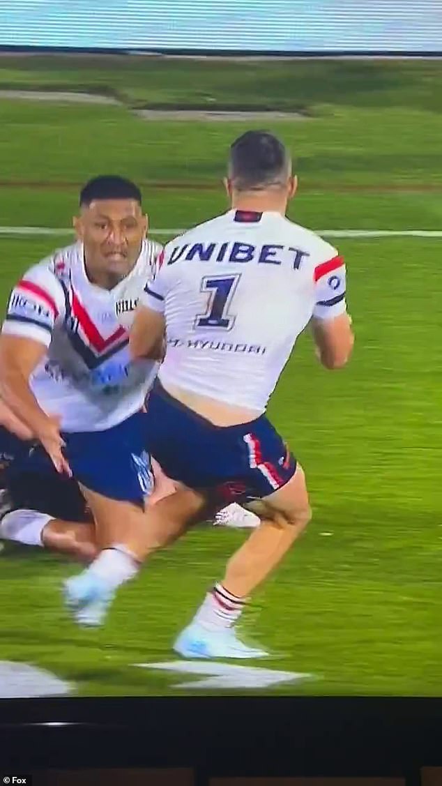 The referee blew the whistle for this pass from Daniel Tupou to striker James Tedesco on an offensive run