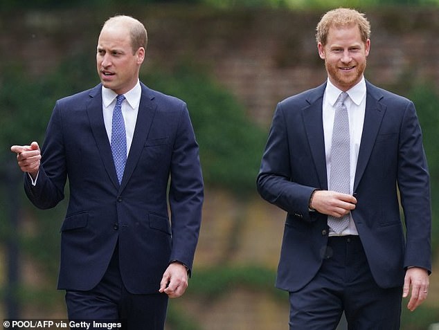 Prince William and Prince Harry arrive for the unveiling of a statue of their mother Princess Diana in The Sunken Garden at Kensington Palace, London on July 1, 2021.