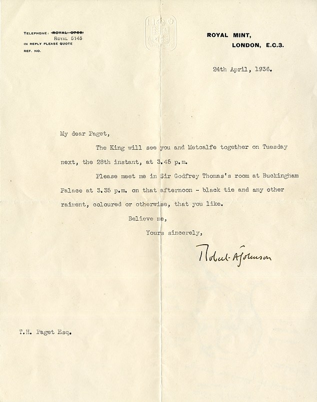 A letter to medal and coin designer Thomas Humphrey Paget to arrange a meeting with him and King Edward VIII, along with fellow designer Percy Metcalfe, April 1936