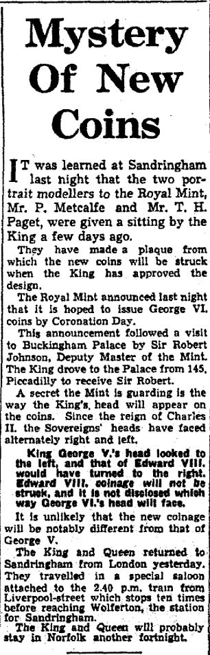 A Daily Mail report from January 1937 detailing how the Royal Mint had not revealed which direction the King George VI coin would face.