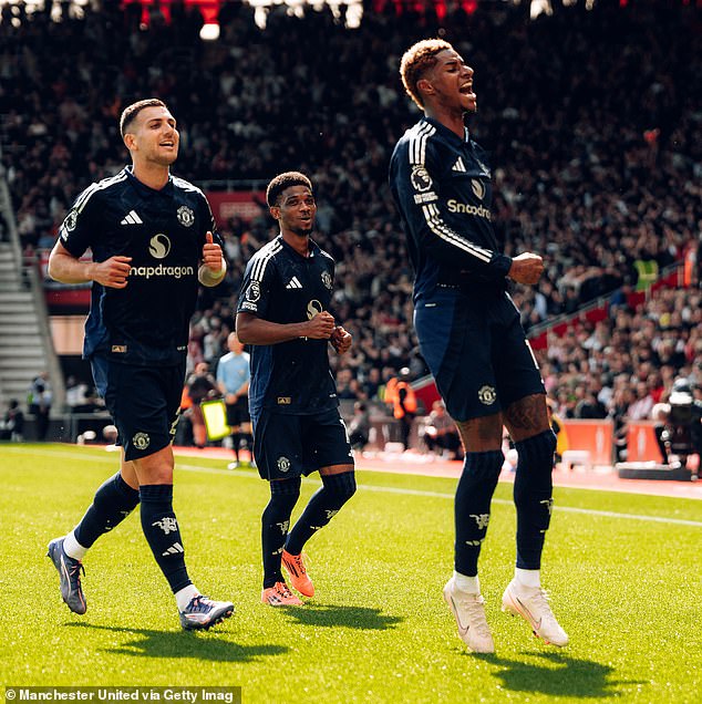 Rashford (right) celebrates after scoring his first goal for Manchester United in 189 days