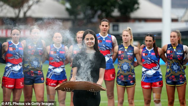 Ceremonies have become a fixture at sporting events (pictured: Welcome to Country during the 2023 AFLW Round 7 match between the Adelaide Crows and the Western Bulldogs)