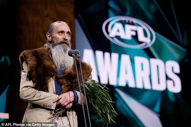 Uncle Colin Hunter Jr. performs the song Welcome to Country during the 2024 AFL Awards at Centrepiece on August 29, 2024 in Melbourne.