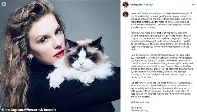 Taylor Swift made the announcement on Instagram after last night's debate.