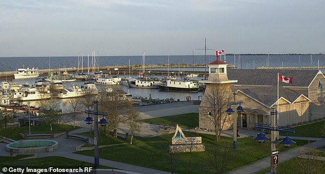 The statue overlooks the water of Gimli, a town along the shore of Lake Winnipeg.