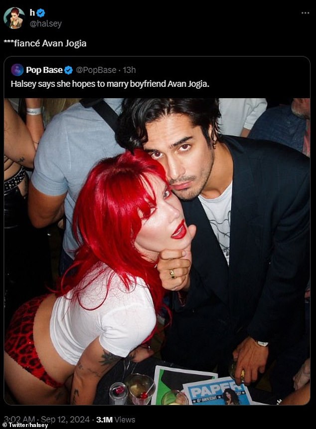 The post comes after the singer (born Ashley Nicolette Frangipane) confirmed she is engaged to actor Avan Jogia.