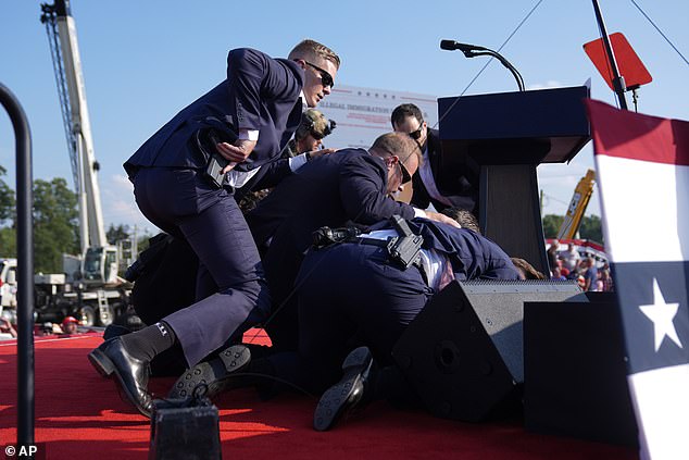 Trump, seen here being surrounded by Secret Service agents, recovered from his injuries and appeared at the Republican National Convention two days later.