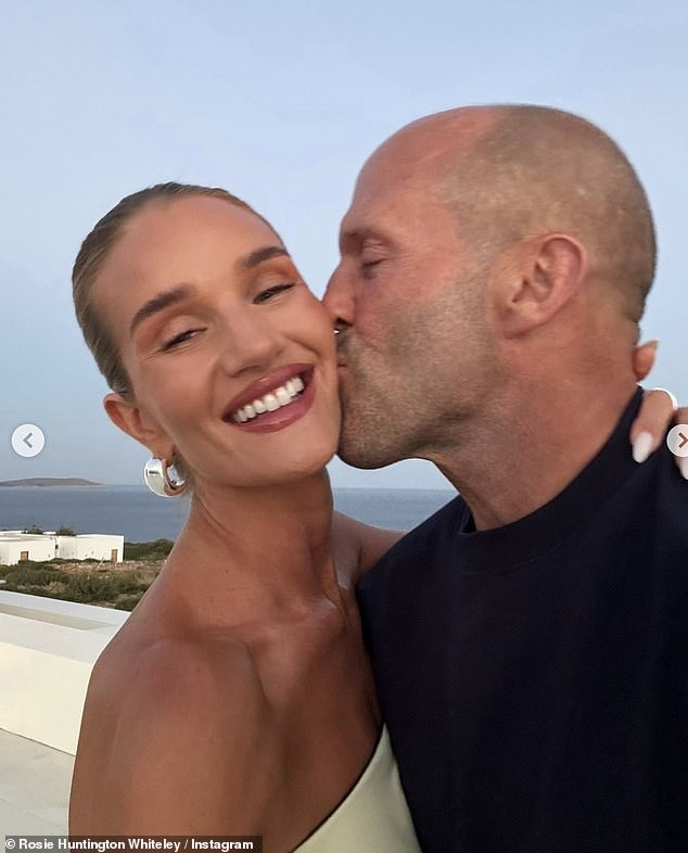 This comes after Rosie looked very affectionate with her fiancé Jason Statham as the pair posed for a series of loved-up photos from their family holiday in Antiparos, Greece, last week.