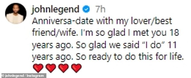 The All of Me singer, 45, who met his wife on the set of his music video Stereo in 2006, posted a sweet tribute to Teigen on Instagram to mark the milestones alongside a photo of her enjoying dinner.