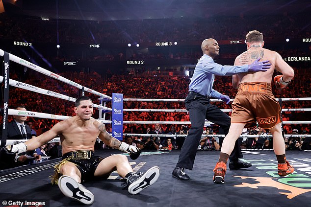 In the third round, Berlanga was sent to the canvas for the first time in his career by Canelo.